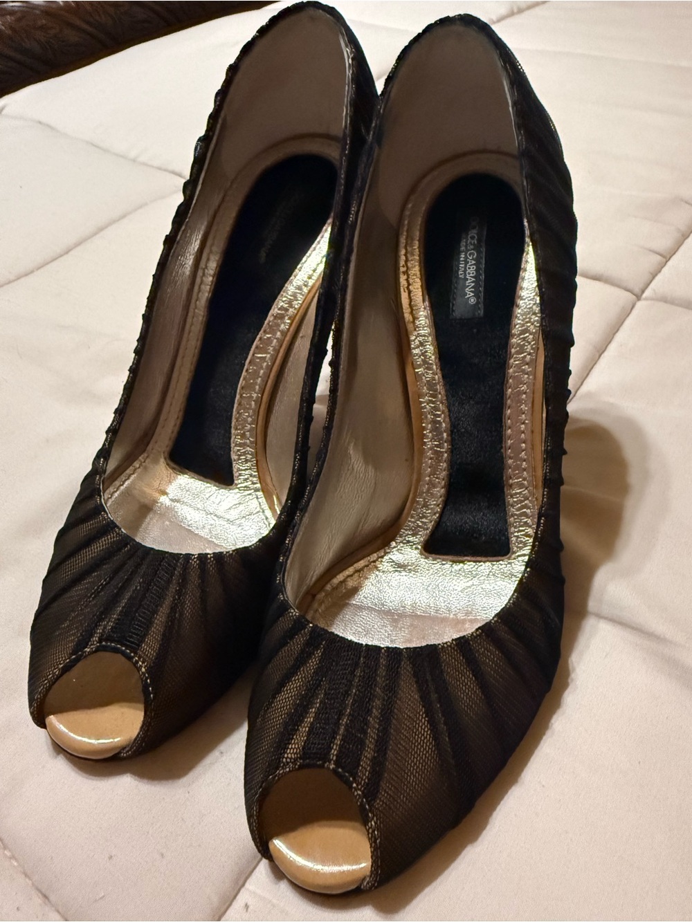 Dolce & Gabbana Black Peep-Toe Heels with Gold Lining